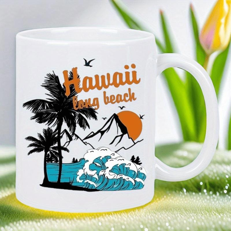 Tailorly White Ceramic 11 oz Mug - Hawaii Long Beach Tropical Waves Crashing Under Setting Sun With Majestic Silhouetted Palm Tree