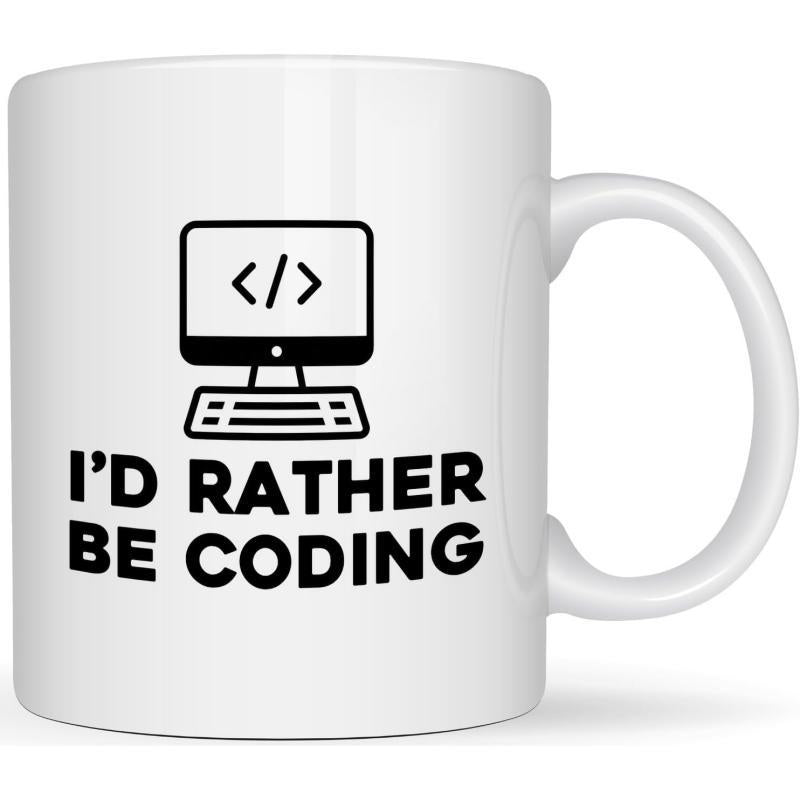 Tailorly White Ceramic 11 oz Mug - I'd Rather Be Coding Modern Minimalist Computer Setup With Programming Symbols For Desktop Computer