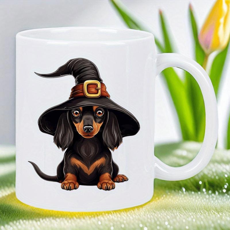 Tailorly White Ceramic 11 oz Mug - Charming Dachshund Puppy Wearing Festive Witch Hat With Golden Buckle Dog