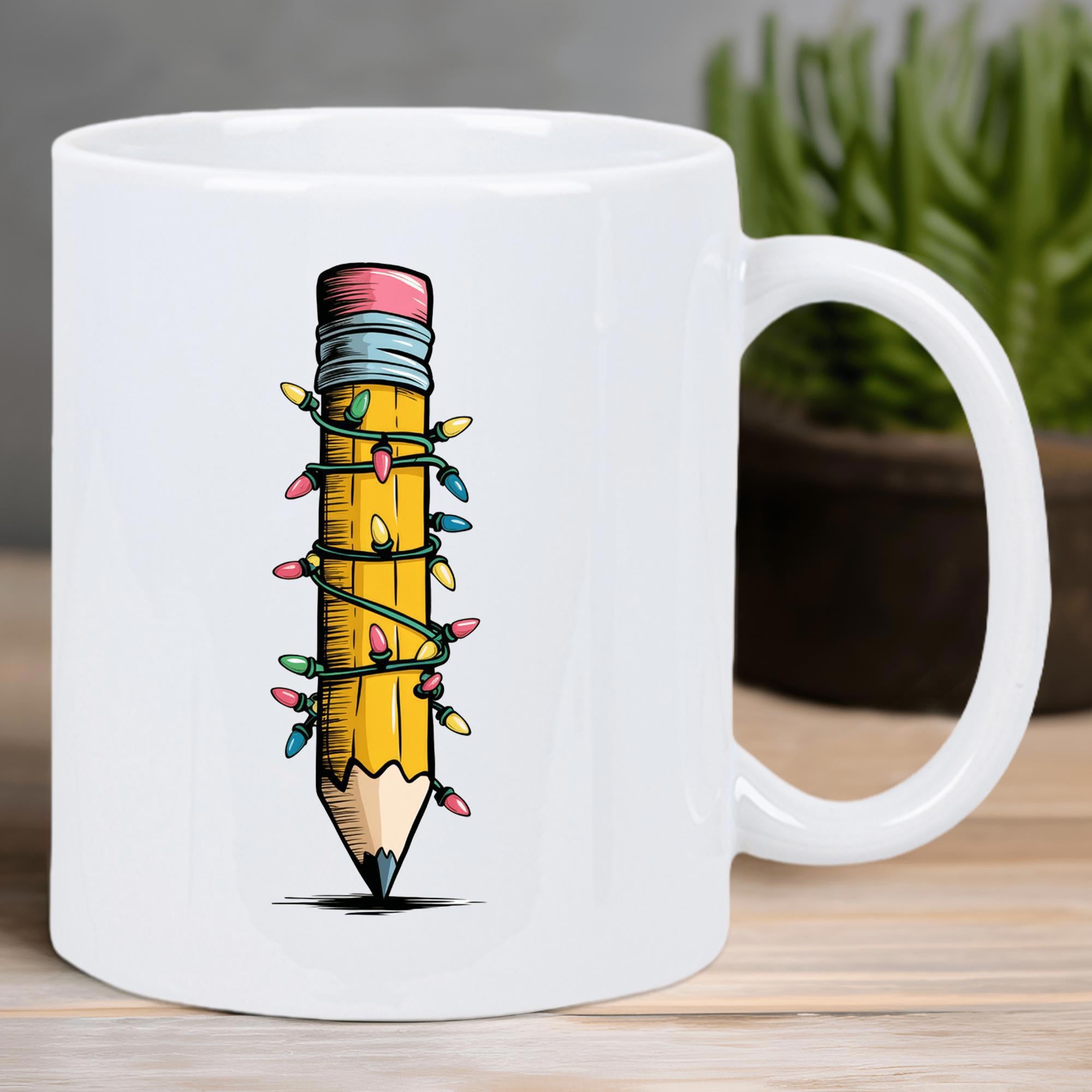 Tailorly White Ceramic 11 oz Mug - Whimsical Cartoon Yellow Tool Wrapped With Colorful Twinkling Holiday String Lights Pencil