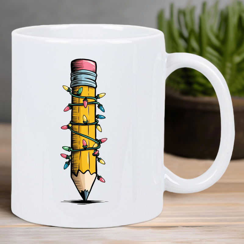 Tailorly White Ceramic 11 oz Mug - Whimsical Cartoon Yellow Tool Wrapped With Colorful Twinkling Holiday String Lights Pencil