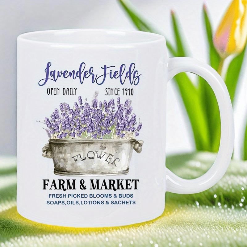 Tailorly White Ceramic 11 oz Mug - Lavender Fields Farm Market Rustic Metal Tub Filled With Blooming Purple Flowers And Green Stems Lavender