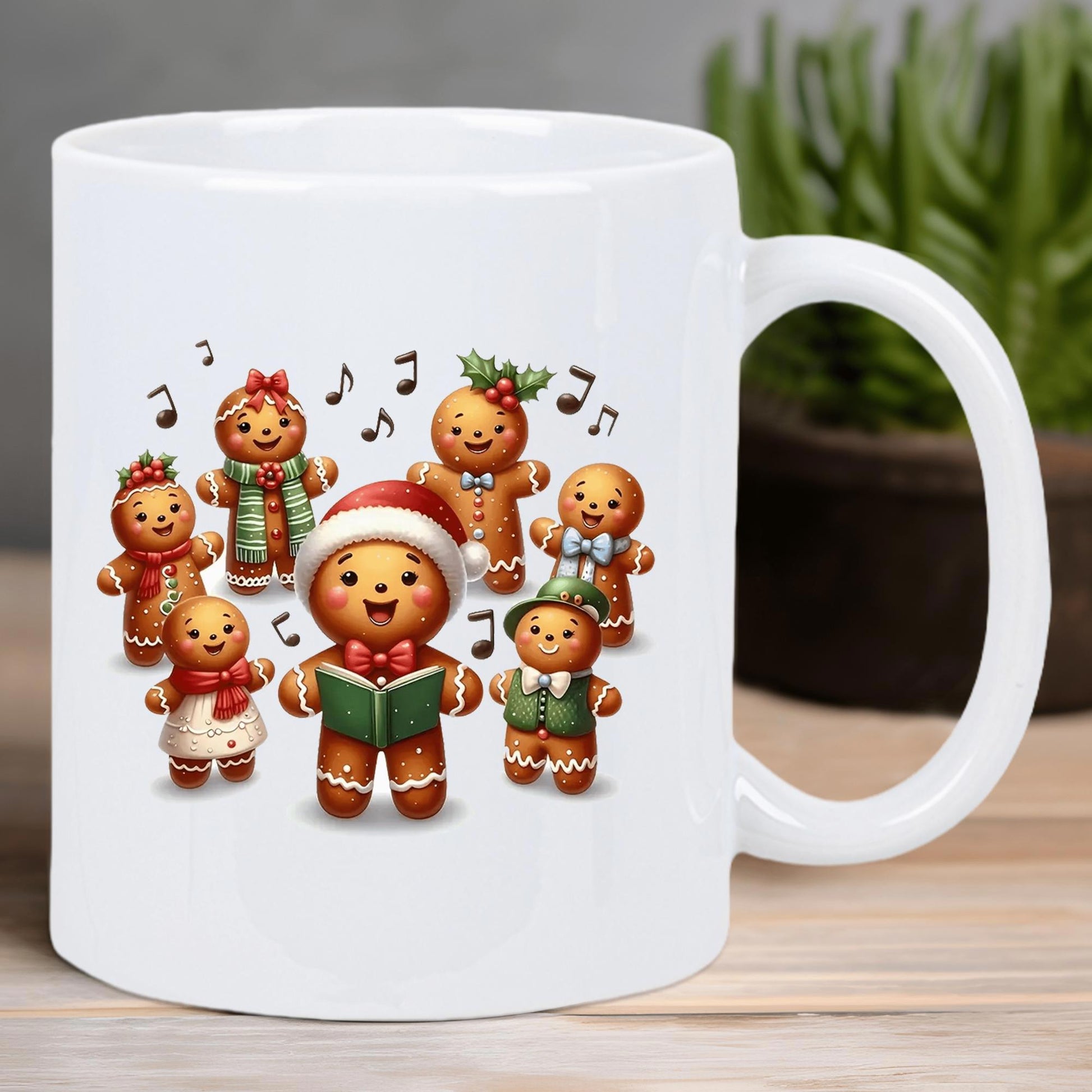 Tailorly White Ceramic 11 oz Mug - Cute Festive Gingerbread Men Singing Christmas Carols Surrounded By Floating Musical Notes Gingerbread Man
