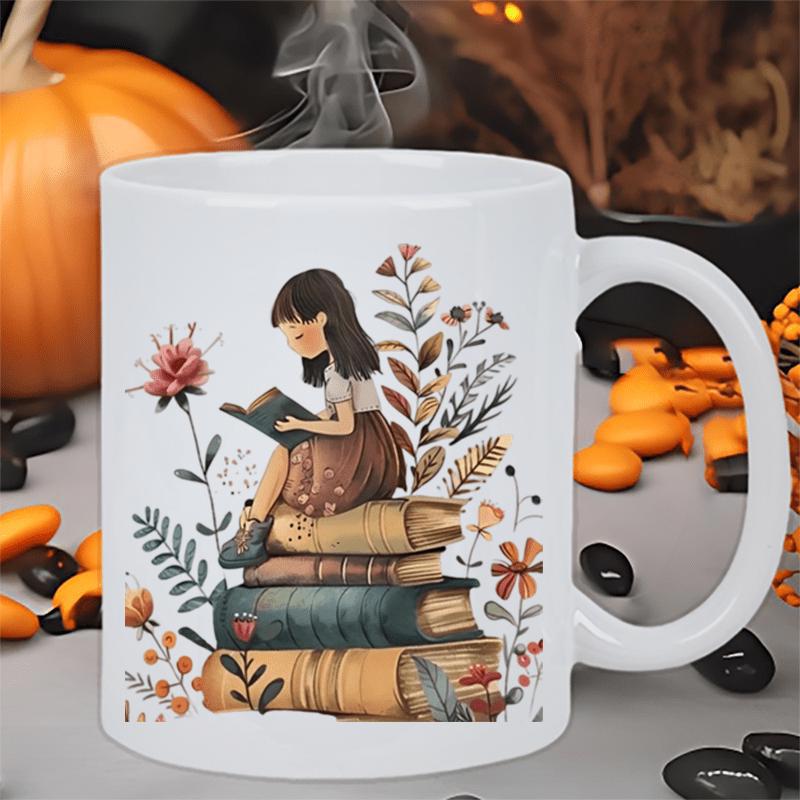 Tailorly White Ceramic 11 oz Mug - Graceful Illustration Of A Young Child Reading While Sitting On Stacked Vintage Books Girl