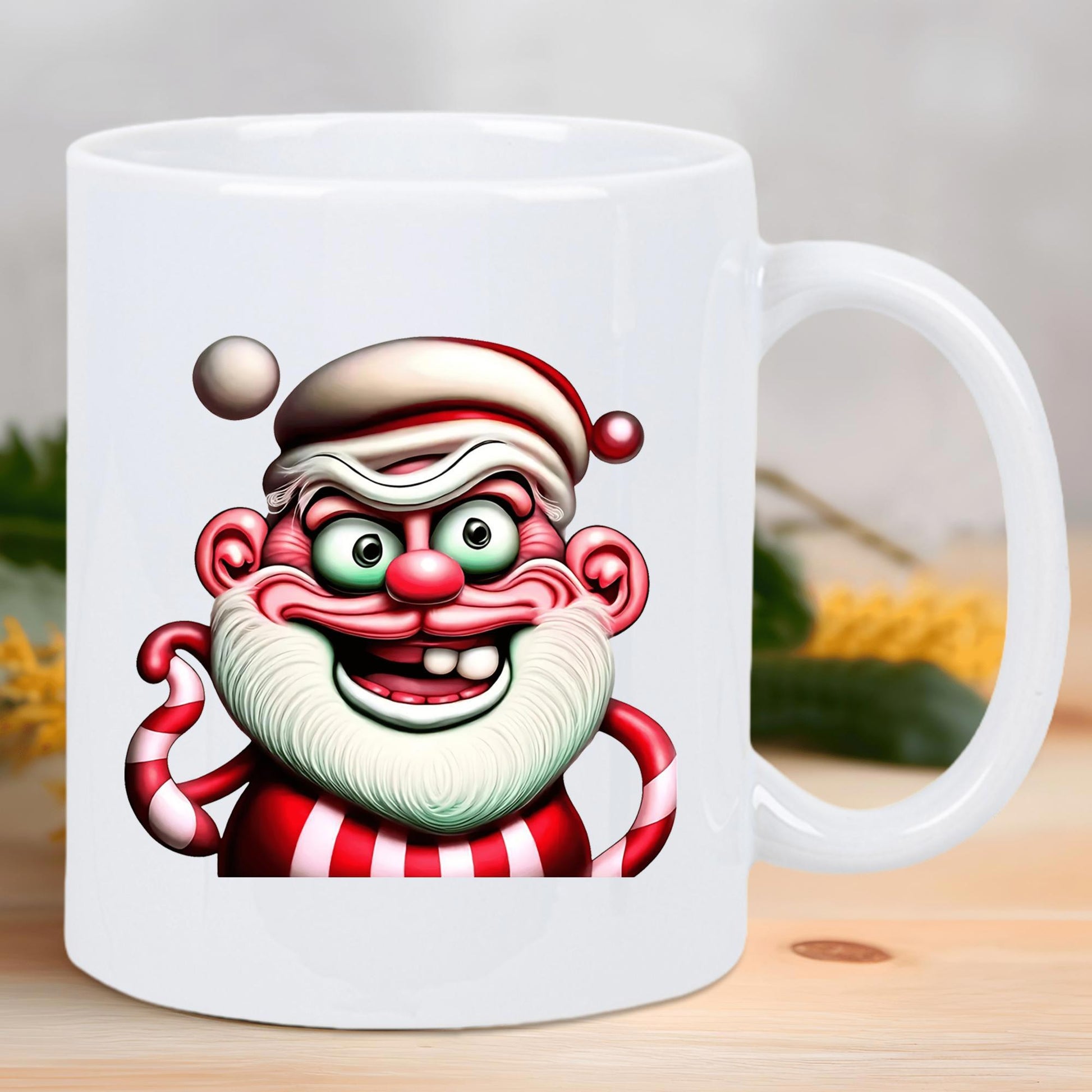 Tailorly White Ceramic 11 oz Mug - Quirky Christmas Character With Red Striped Suit And Green Glowing Eyes Santa