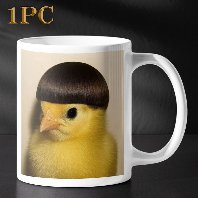 Tailorly White Ceramic 11 oz Mug - Humorous Fluffy Yellow Bird Wearing A Stylish Dark Brown Bowl Cut Chick