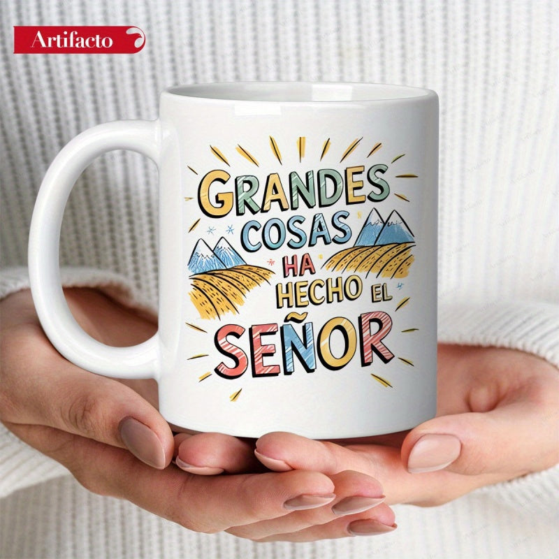 Tailorly White Ceramic 11 oz Mug - Scenic Landscape With Snow Capped Peaks And Golden Fields Under Radiant Sunbeams Mountain