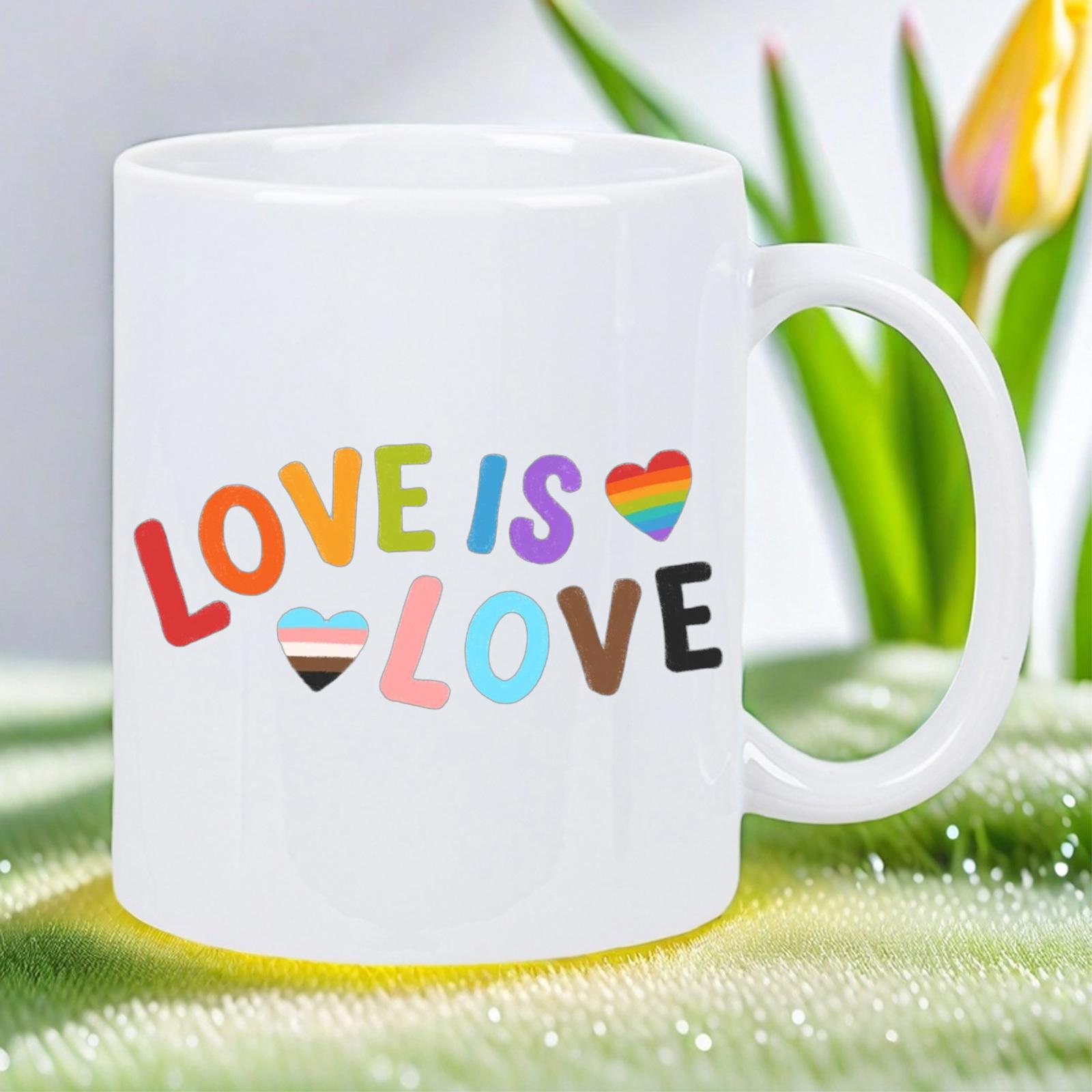 Tailorly White Ceramic 11 oz Mug - Love Is Love Bold Rainbow Typography With Colorful Hearts Representing Universal Equality Heart