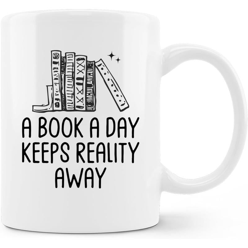 Tailorly White Ceramic 11 oz Mug - A Book A Day Keeps Reality Away Stacked Hand Drawn Literary Volumes Featuring Small Twinkling Magic Stars Books