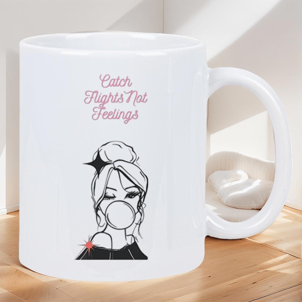 Tailorly White Ceramic 11 oz Mug - Catch Flights Not Feelings Minimalist Black Line Drawing Winking Stylish Girl Blowing Bubblegum Girl
