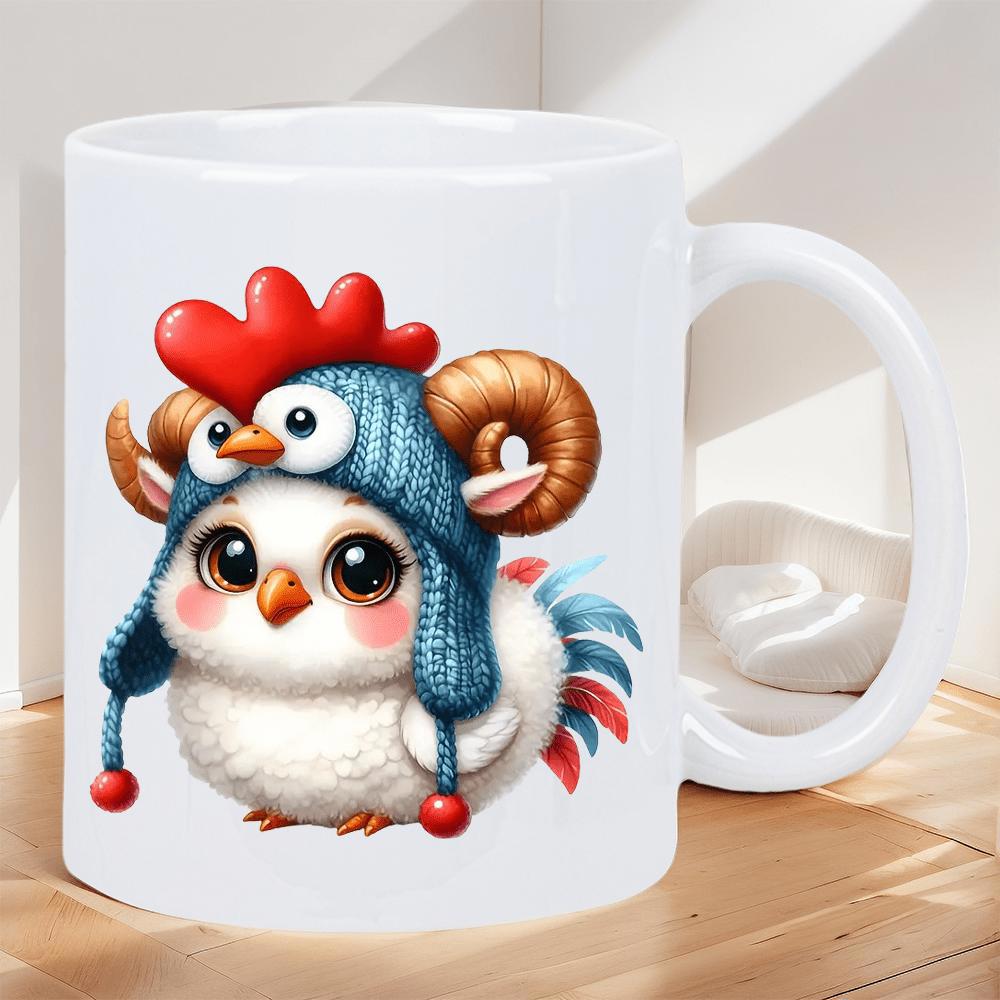Tailorly White Ceramic 11 oz Mug - Adorable Fluffy Little Bird Wearing Blue Knitted Hat With Ram Horns Chick