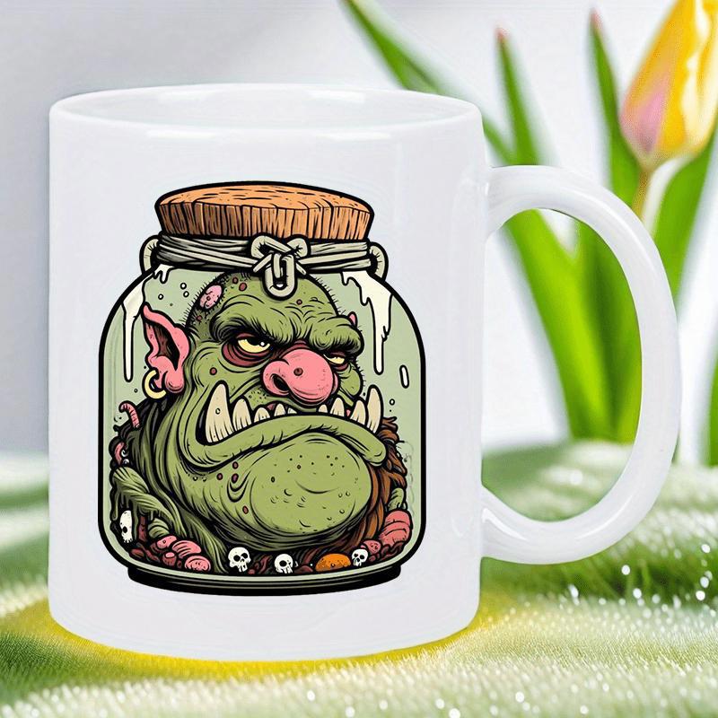 Tailorly White Ceramic 11 oz Mug - Grumpy Green Fantasy Creature Trapped Inside A Glass Jar With Skulls Orc
