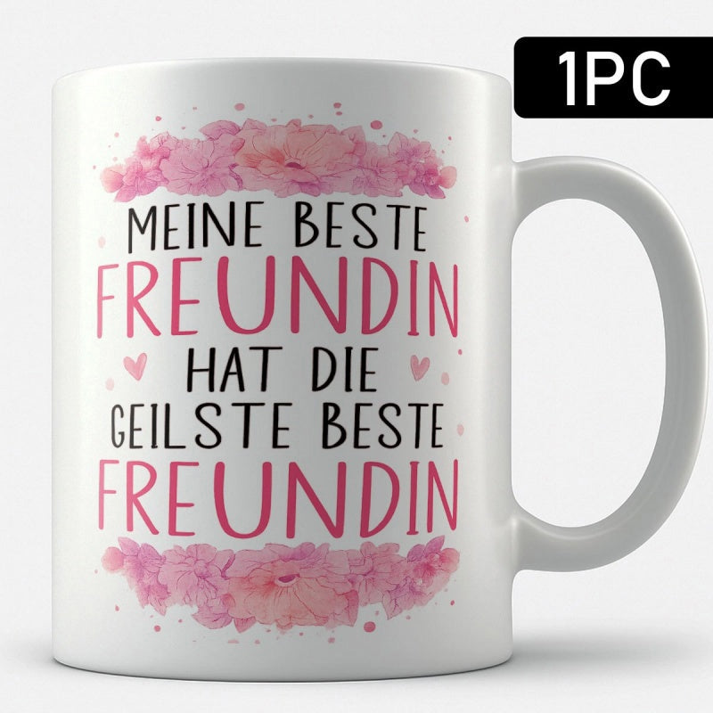 Tailorly White Ceramic 11 oz Mug - Vibrant Pink Watercolor Floral Sprays Surrounding Elegant Centered Lettering Mug