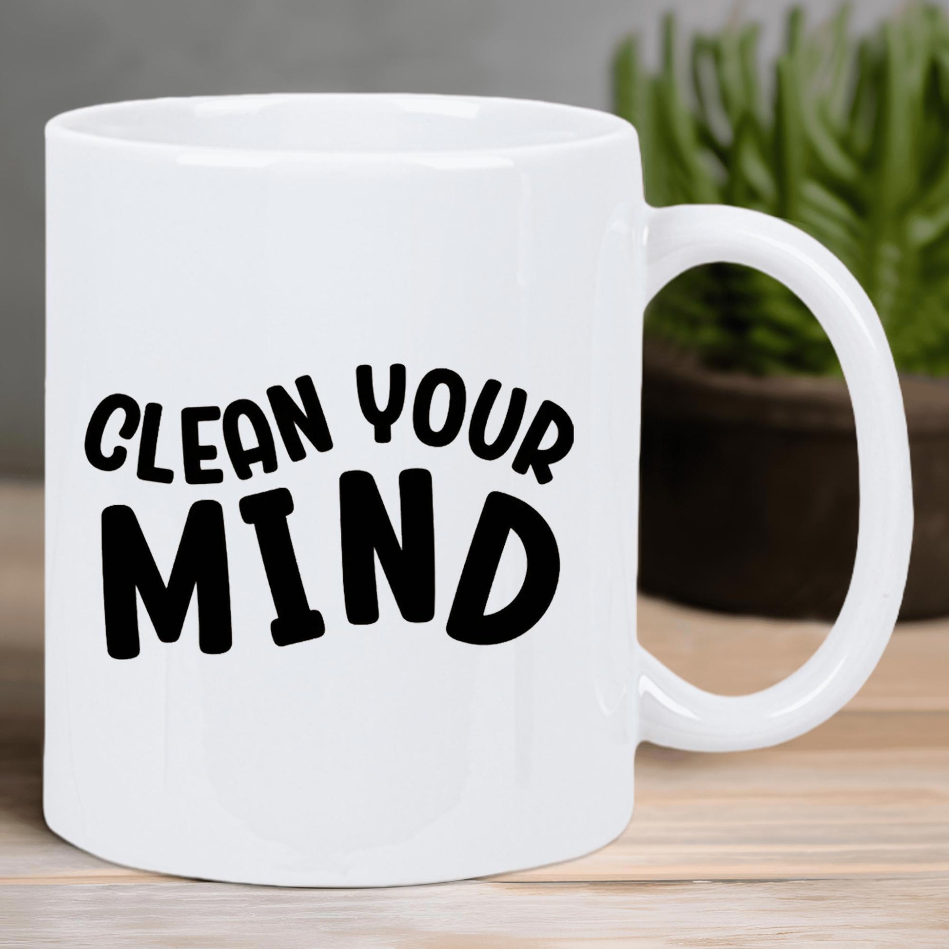 Tailorly White Ceramic 11 oz Mug - Clean Your Mind Bold Rounded Typographic Design With Arched Modern Minimalist Black Lettering