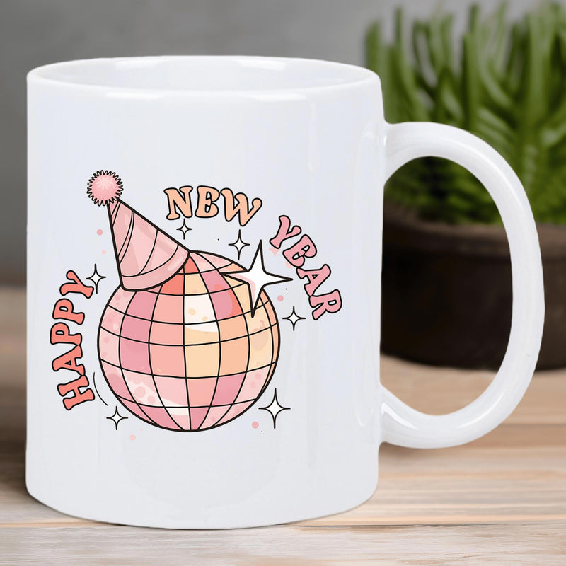 Tailorly White Ceramic 11 oz Mug - Happy New Year Sparkling Retro Festive Party Ball Wearing A Decorative Celebration Hat Disco Ball