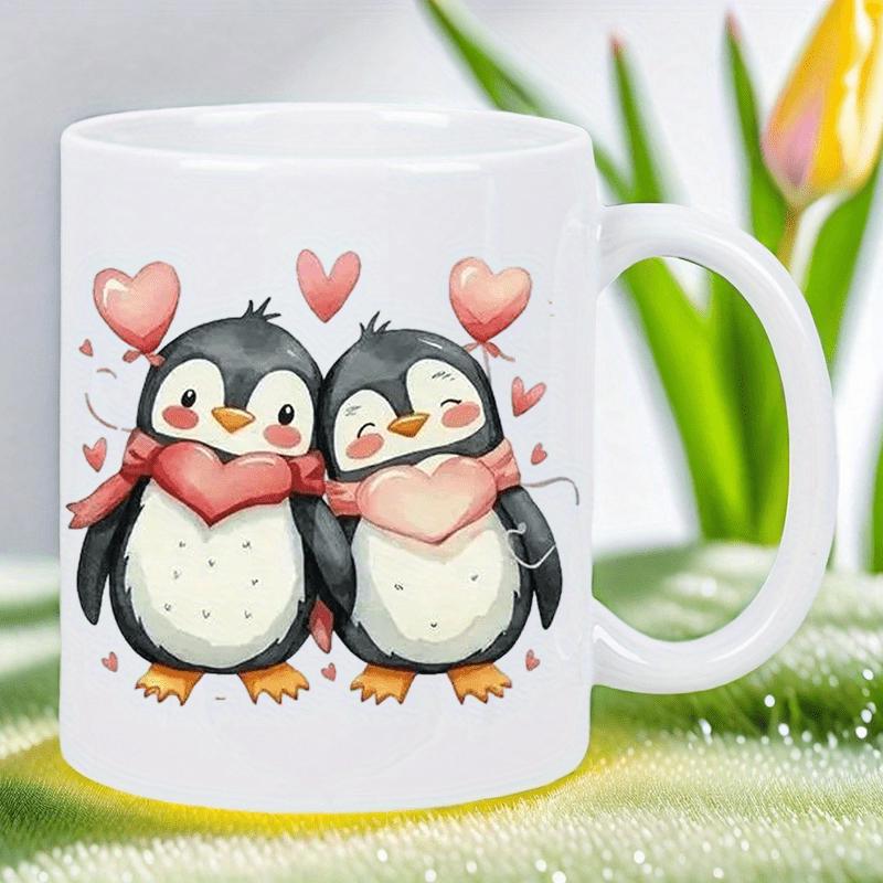Tailorly White Ceramic 11 oz Mug - Adorable Couple Of Birds Wearing Scarves Surrounded By Floating Pink Hearts Penguin