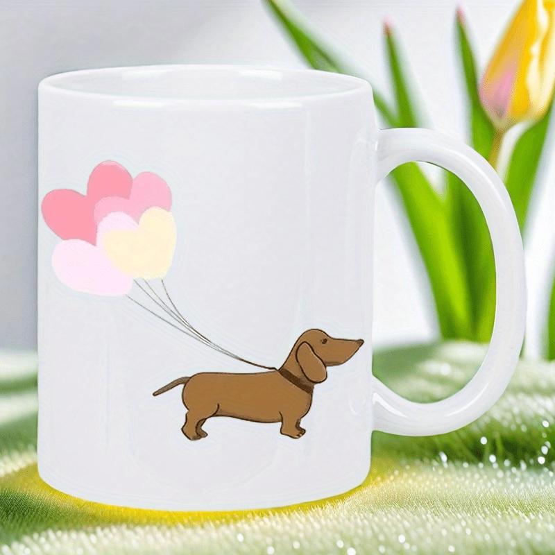 Tailorly White Ceramic 11 oz Mug - Cute Brown Dachshund Walking With Pastel Heart Shaped Balloons Under Sunlight Dachshund