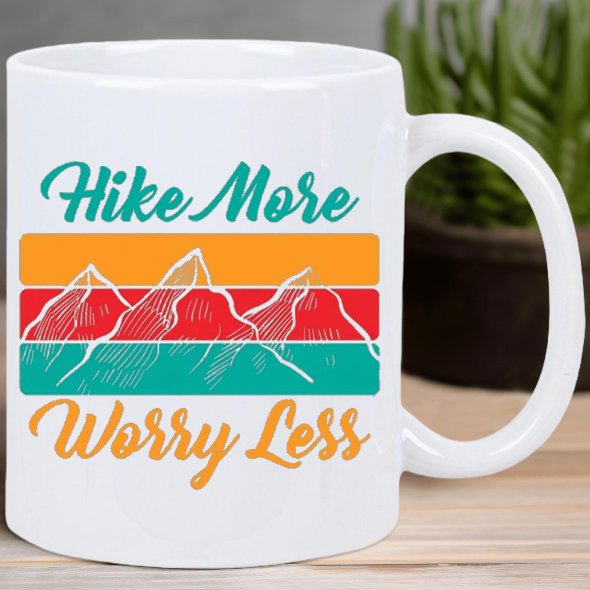 Tailorly White Ceramic 11 oz Mug - Hike More Worry Less Retro Vintage Sunset Stripes Behind Majestic Peaks Under A Clear Sky Mountain