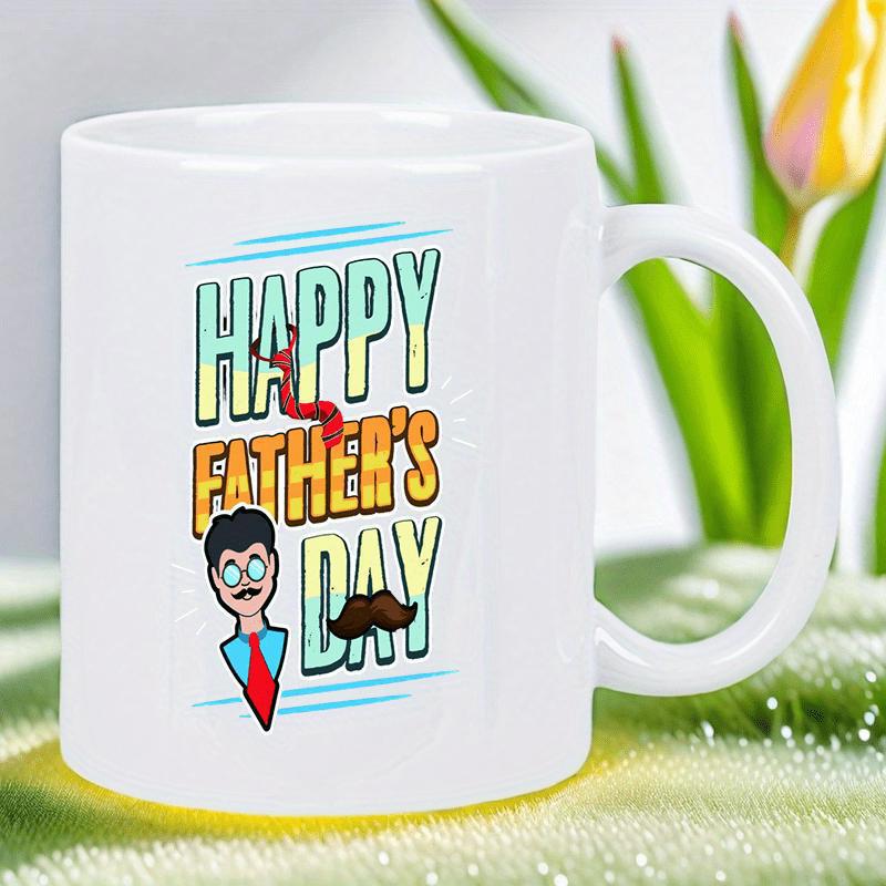 Tailorly White Ceramic 11 oz Mug - Happy Father's Day Vibrant Cartoon Graphics Featuring A Stylish Mustache And Necktie Father