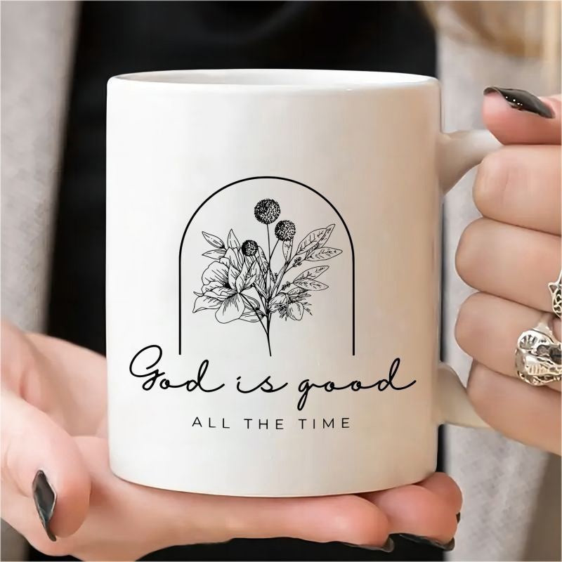 Tailorly White Ceramic 11 oz Mug - God Is Good All The Time Minimalist Line Art Botanical Berries Inside A Simple Arched Frame Flower