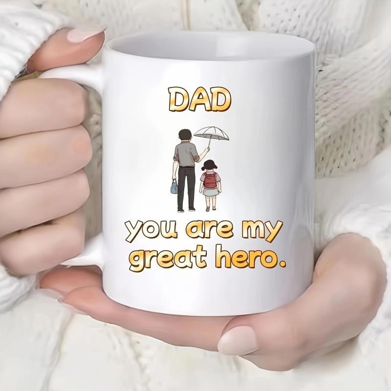 Tailorly White Ceramic 11 oz Mug - Dad You Are My Great Hero Silhouette Of Man Holding Umbrella Over Young Girl Walking Together Father