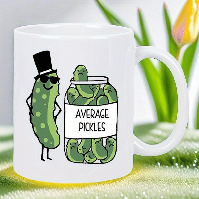Tailorly White Ceramic 11 oz Mug - Average Pickles Cute Cartoon Cucumber Character Wearing Black Top Hat Beside Jar Pickle