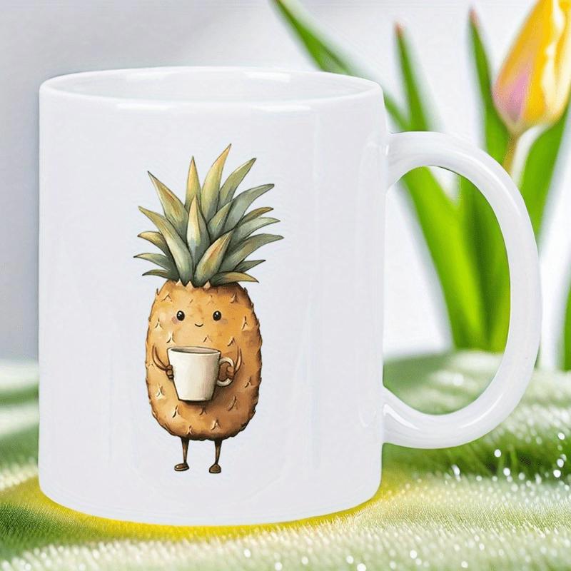 Tailorly White Ceramic 11 oz Mug - Small Cute Anthropomorphic Character Holding A Warm Cup Of Coffee Standing Alone Pineapple