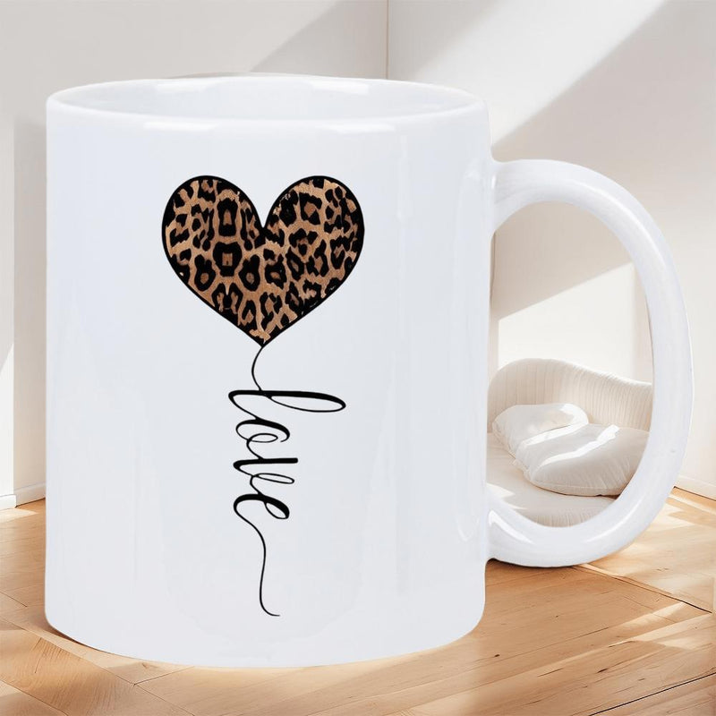 Tailorly White Ceramic 11 oz Mug - Love Leopard Print Within Symbolic Shape Featuring Elegant Cursive Script Heart