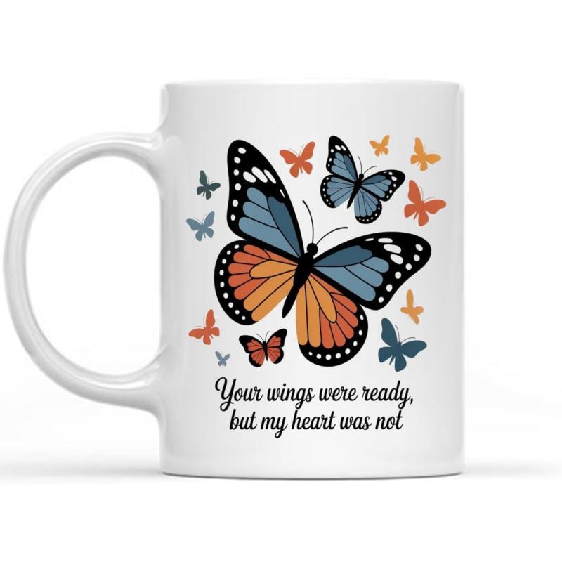 Tailorly White Ceramic 11 oz Mug - Your Wings Were Ready But My Heart Was Not Graceful Colorful Monarch Wings Fluttering Among Delicate Small Flying Patterns