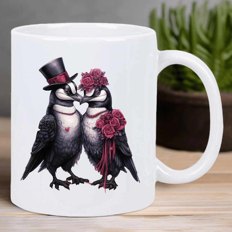 Tailorly White Ceramic 11 oz Mug - Elegant Wedding Birds Wearing Top Hat And Red Roses Shared Between Romantic Penguin