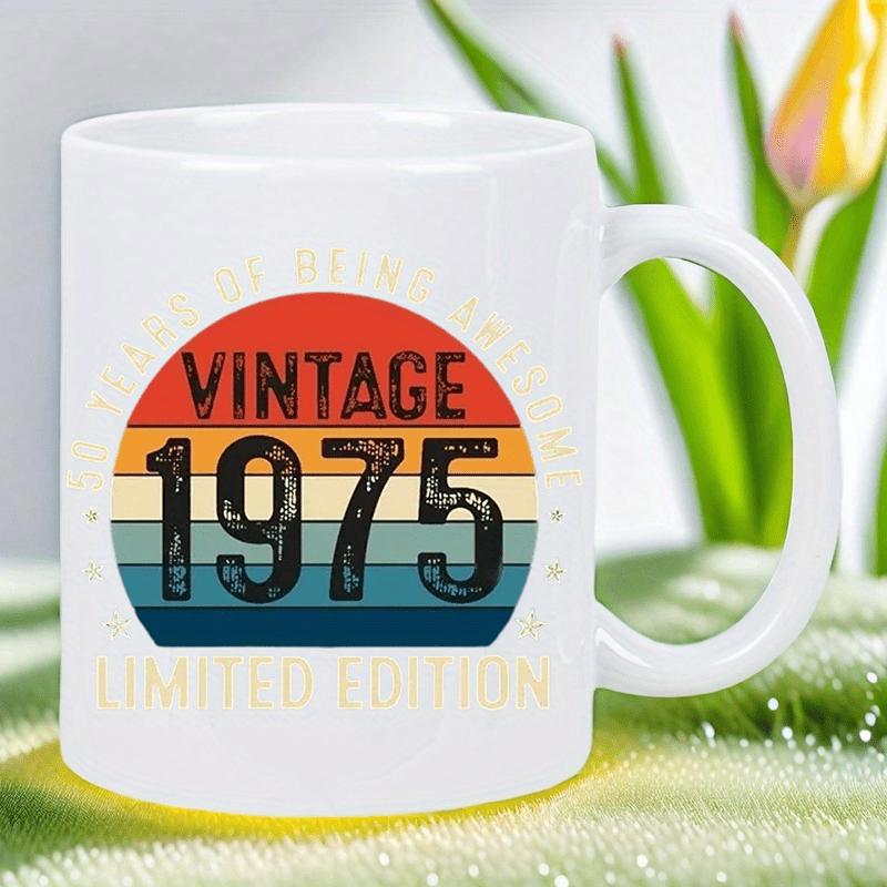 Tailorly White Ceramic 11 oz Mug - Vintage 1975 Limited Edition Retro Multi Color Striped Circle With Weathered Texture And Distressed Finish Sunset