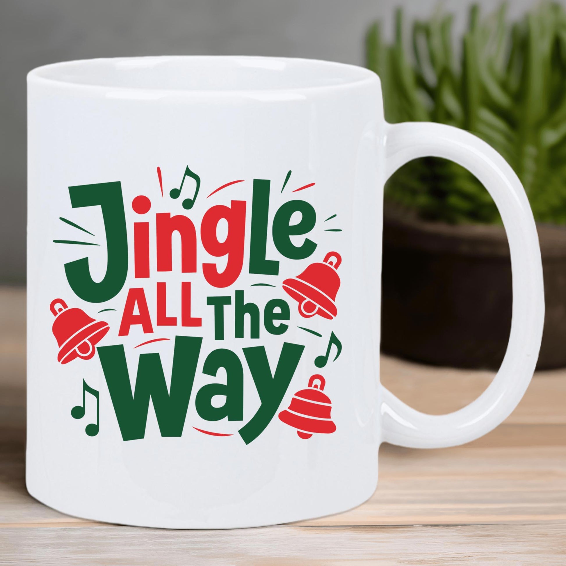 Tailorly White Ceramic 11 oz Mug - Jingle All The Way Festive Red Bells And Green Musical Notes Holiday Mug