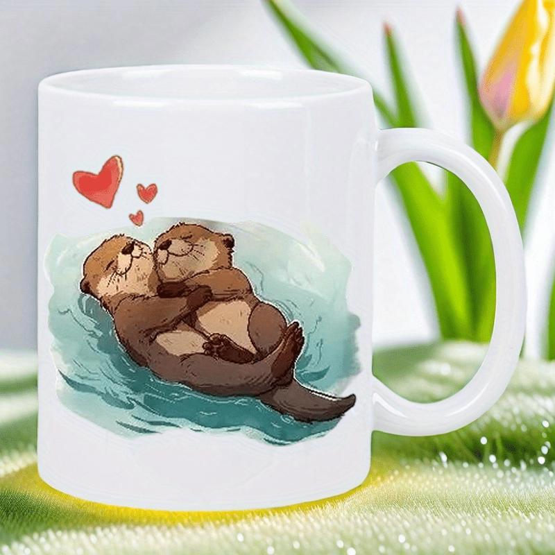 Tailorly White Ceramic 11 oz Mug - Two Adorable Sea Otters Holding Hands While Floating Upon Rippling Water Otters
