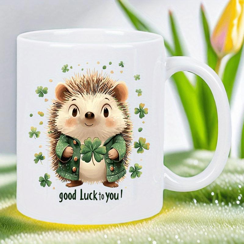 Tailorly White Ceramic 11 oz Mug - Good Luck To You Cute Tiny Creature In Green Coat Surrounded By Clovers Hedgehog
