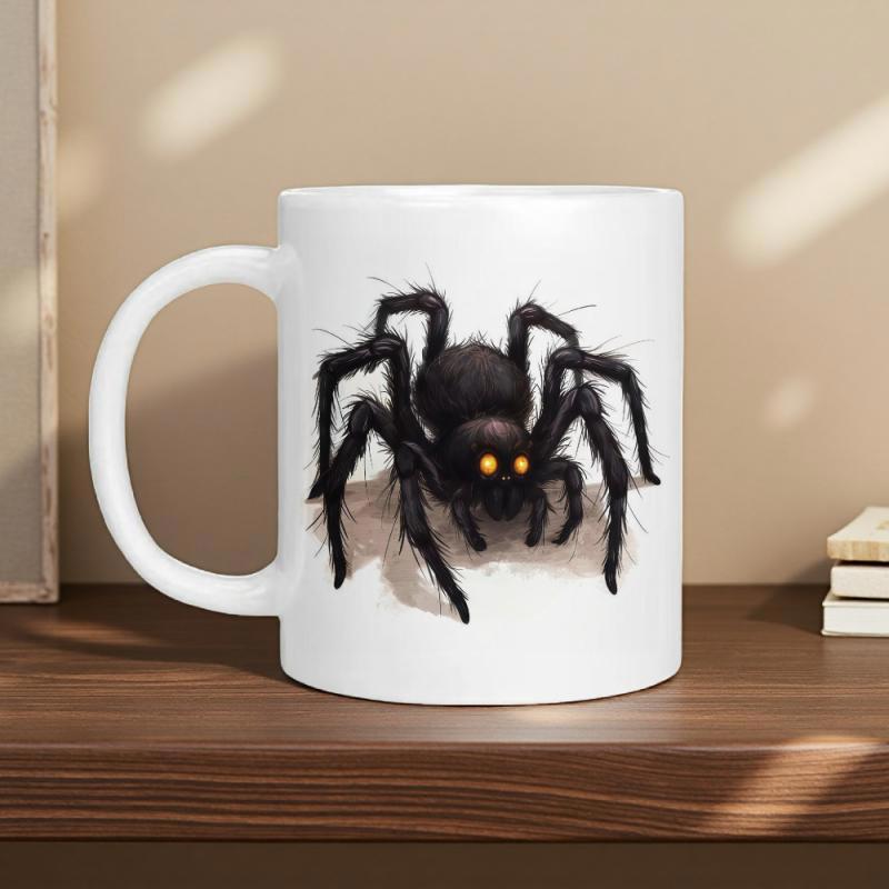 Tailorly White Ceramic 11 oz Mug - Mysterious Hairy Black Creature With Glowing Yellow Eyes Creeping Forward Spider