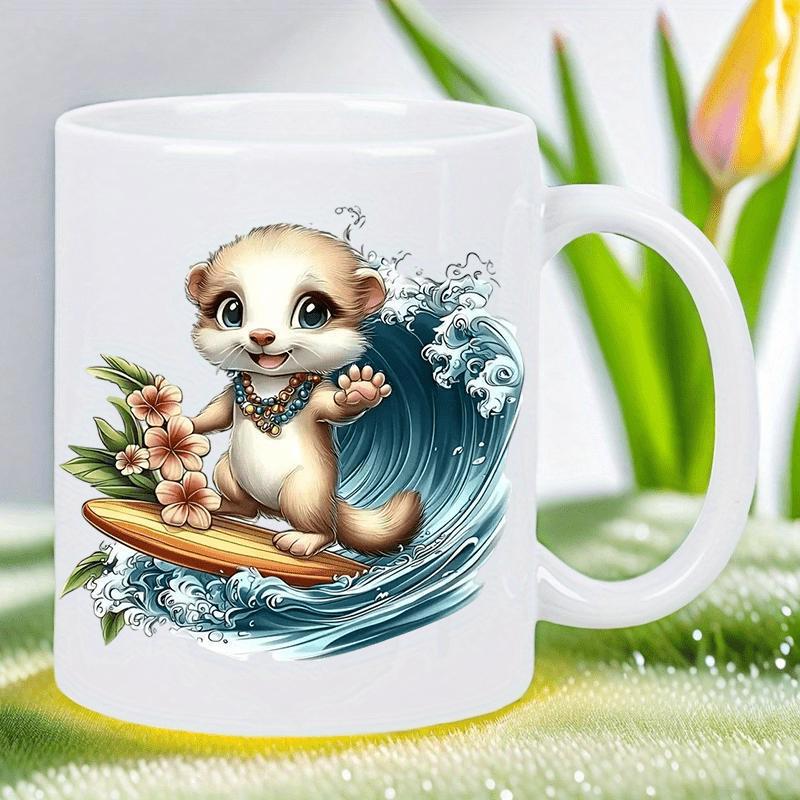 Tailorly White Ceramic 11 oz Mug - Cute Cartoon Surfing On Blue Ocean Waves With Tropical Hibiscus Flowers Otter