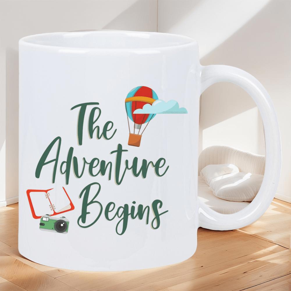 Tailorly White Ceramic 11 oz Mug - The Adventure Begins Floating Colorful Hot Air Balloon With Soft Clouds And Small Vintage Camera Hot Air Balloon