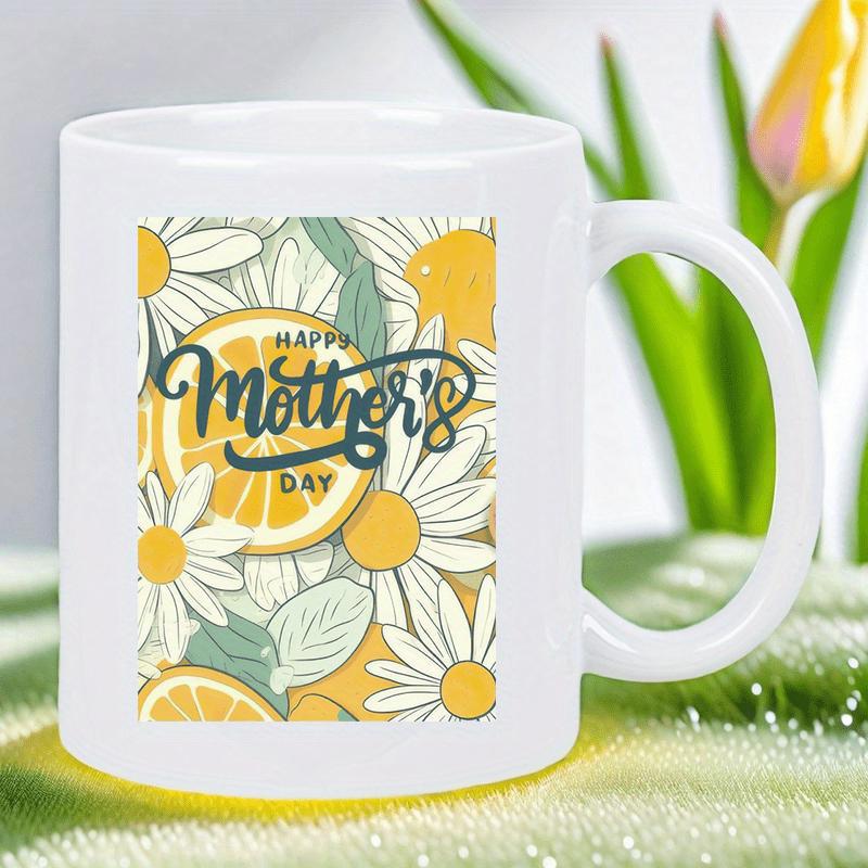 Tailorly White Ceramic 11 oz Mug - Happy Mother's Day Vibrant Sliced Lemons Among Blossoming White Summer Garden Daisies Daisy