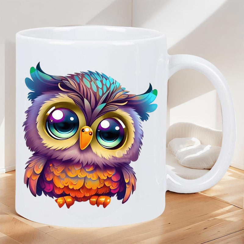 Tailorly White Ceramic 11 oz Mug - Adorable Purple And Orange Feathered Creature With Large Sparkling Expressive Eyes Owl