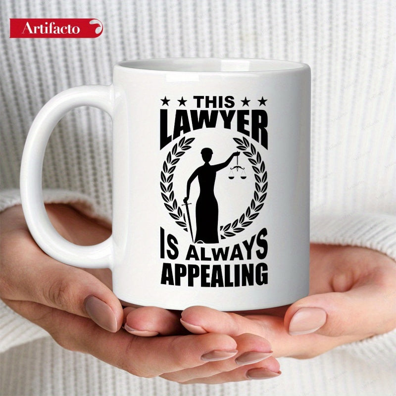 Tailorly White Ceramic 11 oz Mug - This Lawyer Is Always Appealing Classical Silhouette Of Lady Justice Holding Scales Within A Decorative Wreath Mug