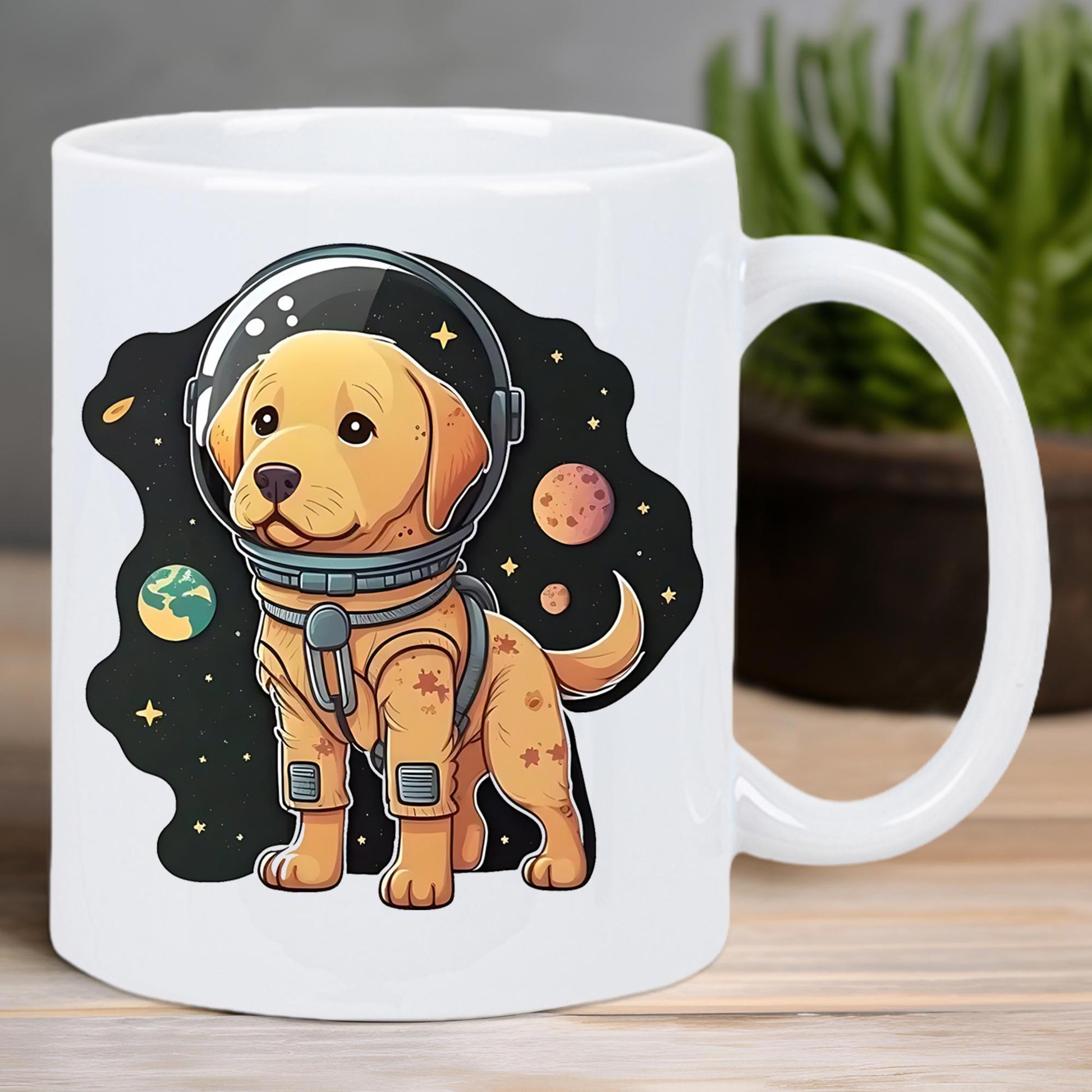 Tailorly White Ceramic 11 oz Mug - Adorable Golden Retriever Puppy Wearing Space Suit Among Distant Glowing Planets Dog