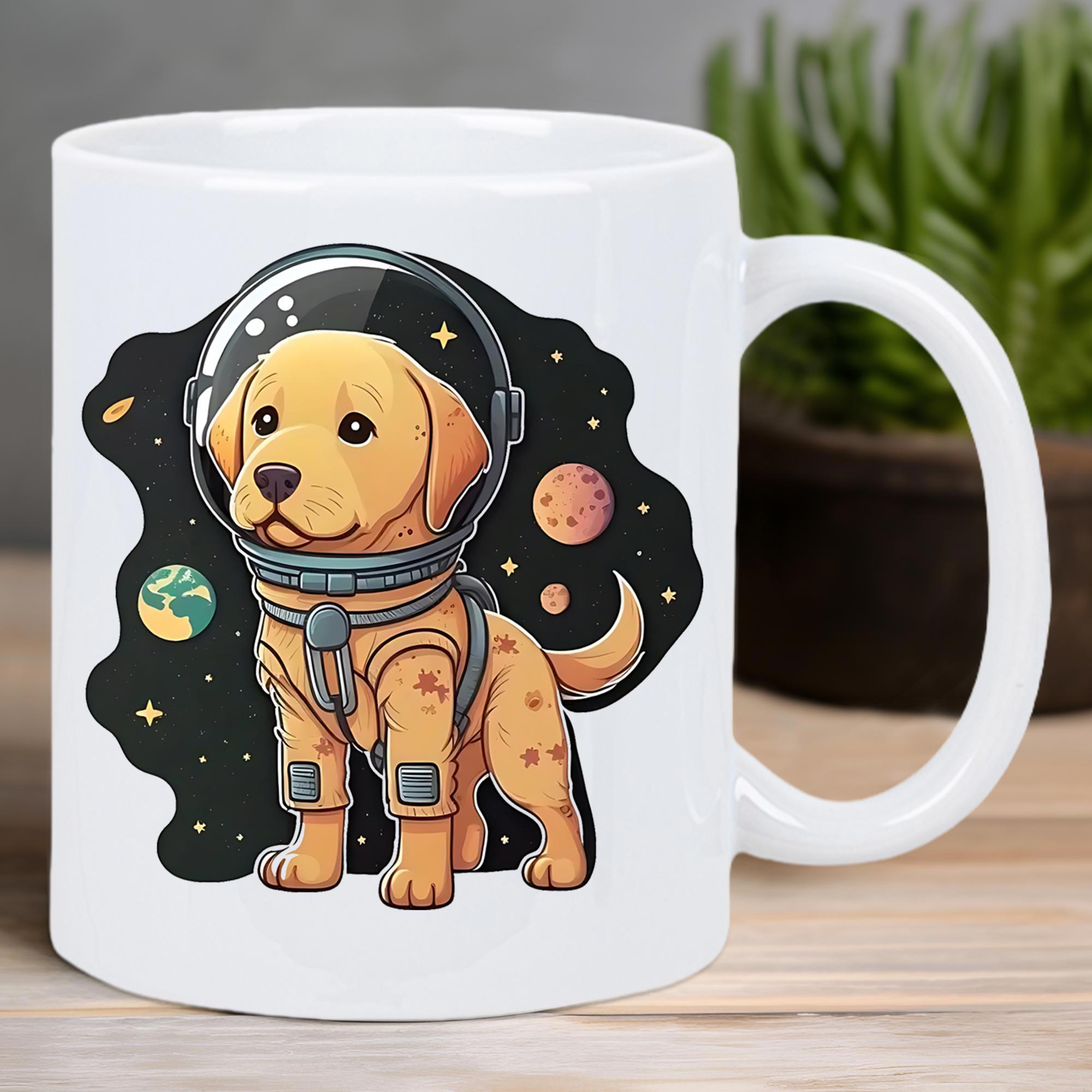 Tailorly White Ceramic 11 oz Mug - Adorable Golden Retriever Puppy Wearing Space Suit Among Distant Glowing Planets Dog