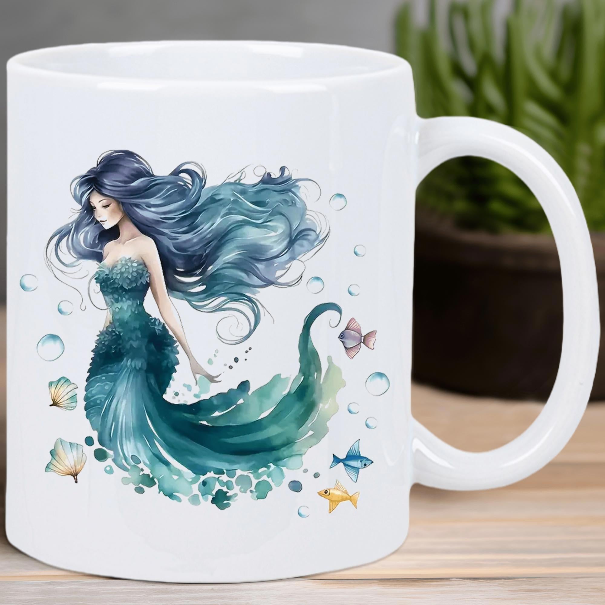 Tailorly White Ceramic 11 oz Mug - Graceful Flowing Blue Hair Swimming Among Bubbles And Small Sea Fish Mermaid
