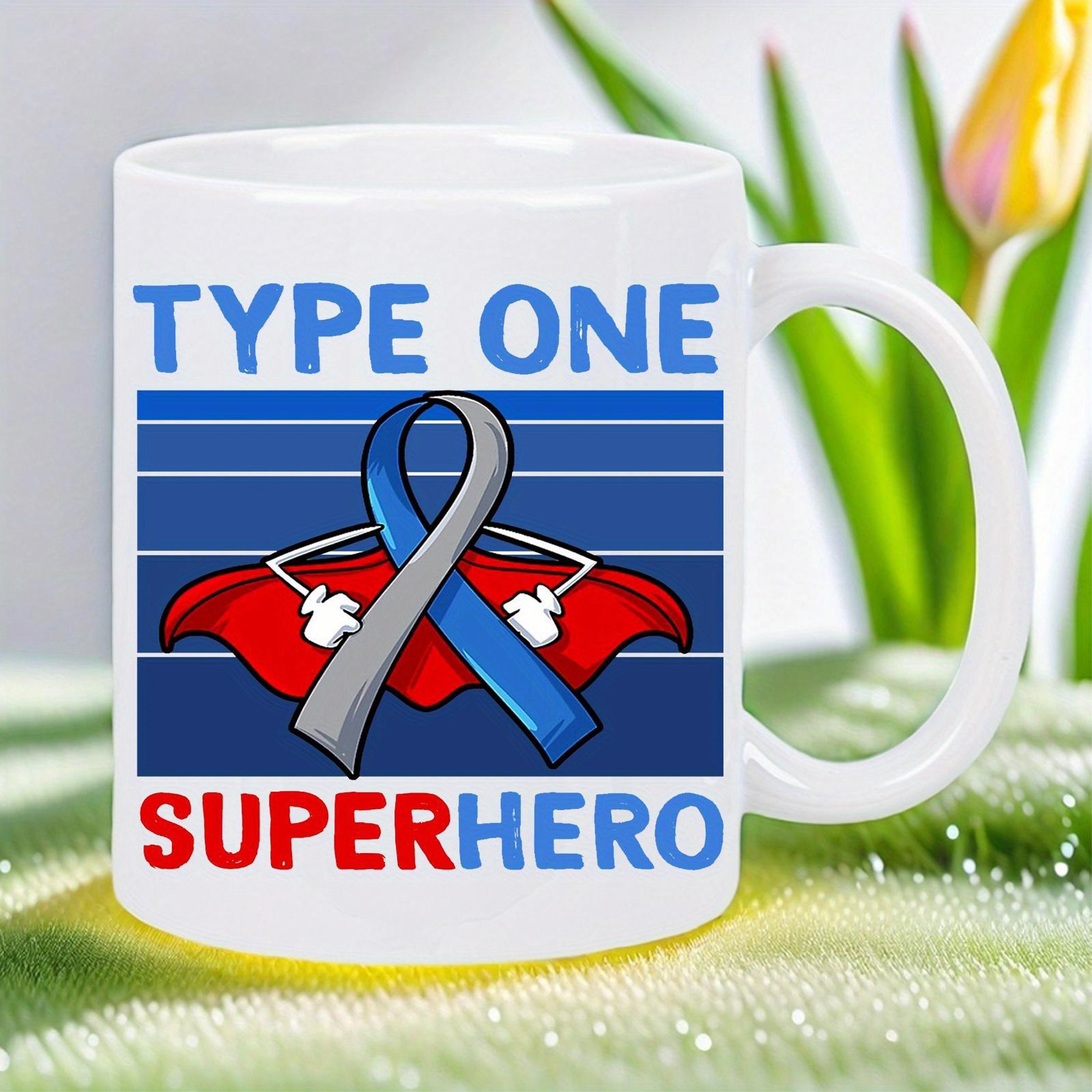 Tailorly White Ceramic 11 oz Mug - Type One Superhero Awareness Ribbon Wearing Heroic Red Cape Against Retro Stripes Ribbon
