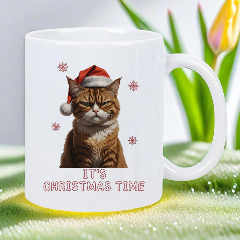 Tailorly White Ceramic 11 oz Mug - Its Christmas Time Festive Grumpy Brown Tabby Wearing Red Santa Hat Among Snowflakes Cat
