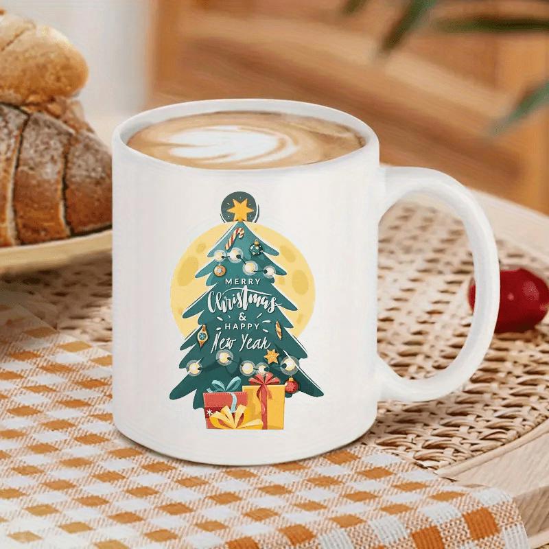 Tailorly White Ceramic 11 oz Mug - Merry Christmas Happy New Year Festive Green Evergreen Surrounded By Bright Ornaments And Wrapped Gifts Christmas Tree