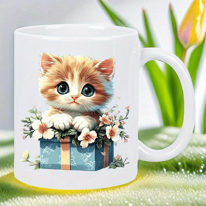 Tailorly White Ceramic 11 oz Mug - Adorable Ginger Kitten Peeking Out Of Floral Gift Box In Garden Cat