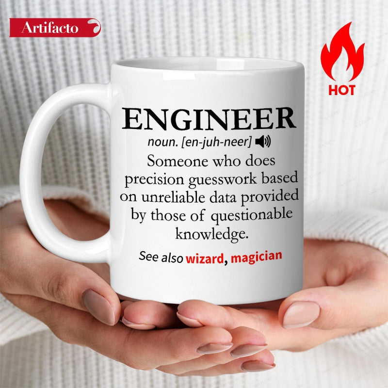 Tailorly White Ceramic 11 oz Mug - Engineer Noun Definition Classic Ceramic Mug Held By Hands In A Cozy Atmosphere Mug