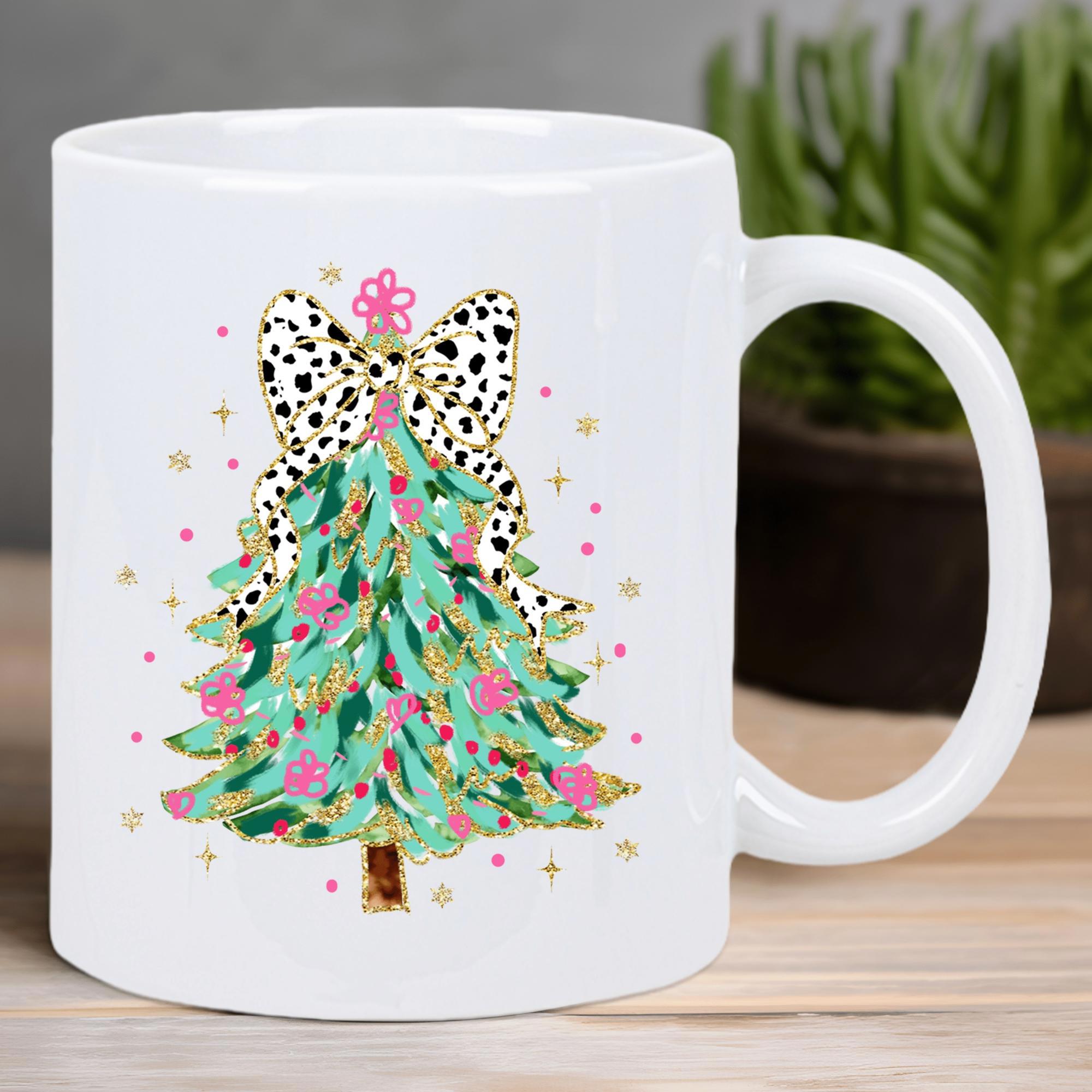 Tailorly White Ceramic 11 oz Mug - Hand Painted Artistic Evergreen With Spotted Bow And Pink Floral Ornaments Christmas Tree