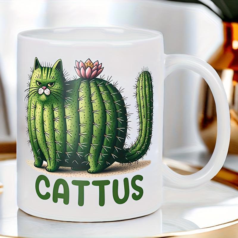 Tailorly White Ceramic 11 oz Mug - Cattus Whimsical Green Desert Plant Shaped Like A Grumpy Sitting Feline Cat